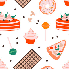 Vector food pattern. Multicolored  various high-calorie goodies - donut, chupa chups, chocolate bar, cupcake, cake, pizza.  Perfect for printing on the fabric, design package and cover. Flat style