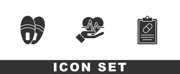 Set Slippers, Heart rate and Medical prescription icon. Vector