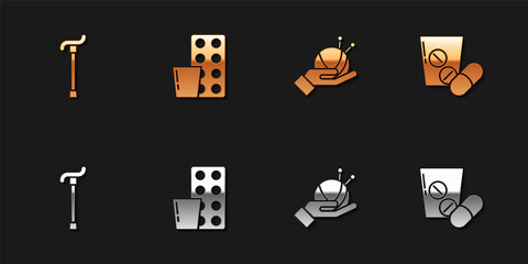 Set Walking stick cane, Pills blister pack, Yarn ball with knitting needles and Medicine pill or tablet icon. Vector