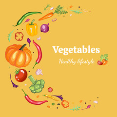 Obraz na płótnie Canvas Vegetables. Vector food illustrations: tomato, beet, pepper, broccoli, carrot, pumpkin, rosemary, radish, chili and garlic.