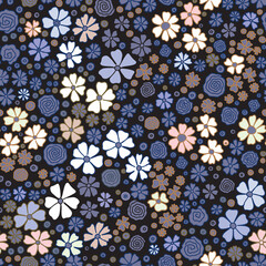 Seamless ditsy floral print with small flowers, branches and leaves. Vector doodle pattern pink, purple, blue, brown colors. Pattern illustration in vintage style.