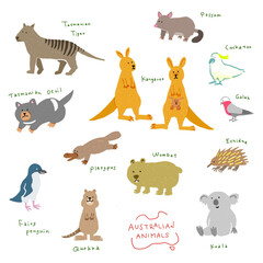 可愛い手描き風のオーストラリアの動物と、タスマニアの固有種のセット