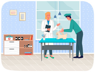 Veterinary care, pet in hospital. Veterinarian doctors treat rabbit ears in medical office