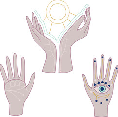 Hands vector illustration.  Set of celestial hand. Hand with eye, lines on the palm, hands holding the Sun. 