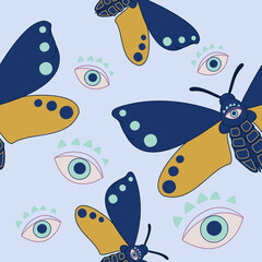 Seamless pattern with moths and eyes. Vector pattern, mystic night butterflies 