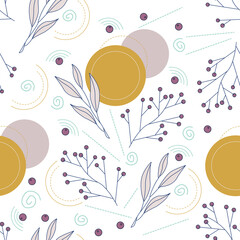 seamless botanical pattern, pattern with leaves and abstract elements, vector pattern