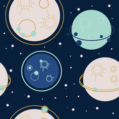 Space cute seamless pattern, planets and galaxy. Stars, space, planets.  Kids design, cartoon cosmic background.