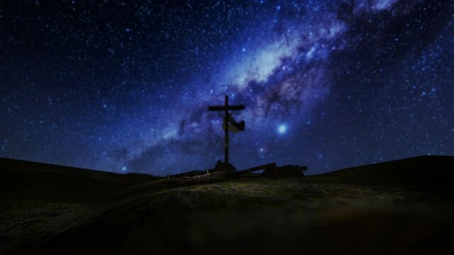 Crucifixion of Jesus Christ with thorn crown, nails, hammer and a rope against milky way starry sky, tilt 4K