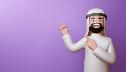 Happy muslim man pointing fingers, 3d rendering.