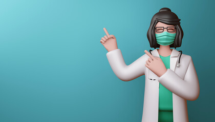 Happy doctor woman pointing fingers, 3d rendering.