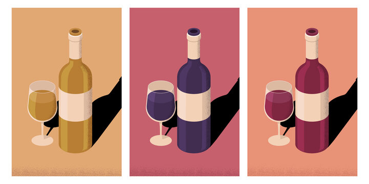 three wine bottles and glasses poster illustration