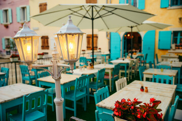 view of beautiful outdoors restaurant with sun umbrellas