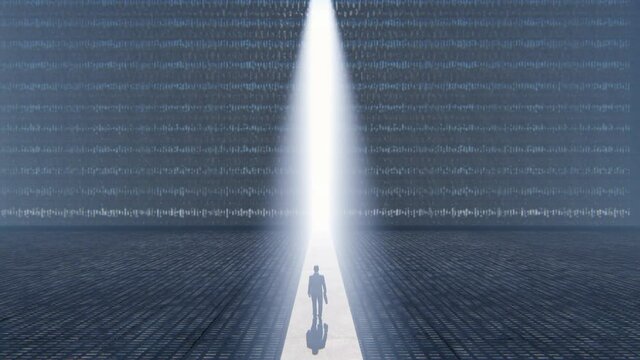 Confident businessman with briefcase walking towards bright light, 4K