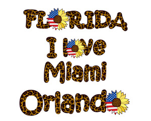 Florida cities decorated with leopard print and decorated with a sunflower flower with the USA flag. Fashionable design.