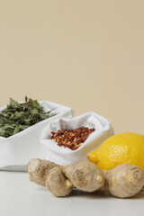 Natural tea and herbs in bulk sacks. Zero waste and plastic free shopping concept. Sustainable lifestyle. Groceries in reusable textile bags on table.