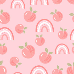 Seamless pattern with peach fruit and rainbow on pink background vector illustration.