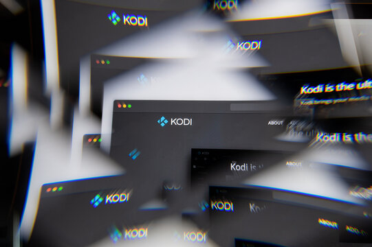Milan, Italy - APRIL 10, 2021: KODI logo on laptop screen seen through an optical prism. Illustrative editorial image from KODI website.