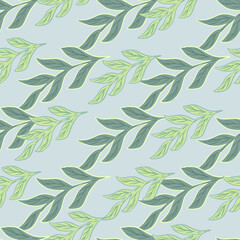 Naklejka na ściany i meble Botany seamless pattern with doodle branches silhouettes print. Pastel blue background. Green ornament.