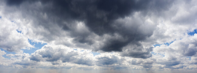 Panorama of sky with dark rainy clouds before the storm.