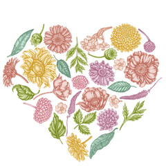Heart floral design with pastel poppy flower, gerbera, sunflower, milkweed, dahlia, veronica