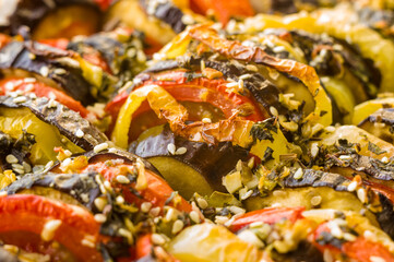 Obraz na płótnie Canvas Ratatouille Diet Vegetarian Vegan Food - Oven Baked Provencal Traditional French Vegetable Dish, macro photo.