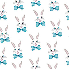 Watercolor seamless pattern with cartoon bunny faces,  cute cartoon illustration template with rabbits, hand painted watercolor Easter pattern for wallpaper, wrapping paper, fabric or backgrounds