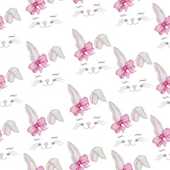 Seamless pattern with watercolor cute cartoon bunny faces, hand painted watercolor Easter pattern for wallpaper, wrapping paper, scrapbooking, fabrics, textiles