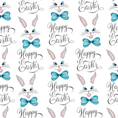 Easter repeat pattern with cute cartoon bunny faces and hand lettering happy Easter text, watercolor Easter illustration for fabric, wrapping or backgrounds