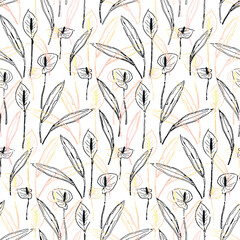 Tropical flower calla with leaves simple lines seamless pattern. Floral fabric print background.