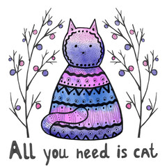 Funny decorative cat in purple and pink color scheme © Elena