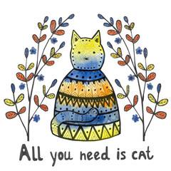 Funny decorative cat in blue and orange color scheme