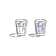 Glass shot vodka. Two views of the image of color and black and white. Contour object. Wineglass hand draw. Restaurant illustration. Simple sketch. Isolated on white background in engraving style