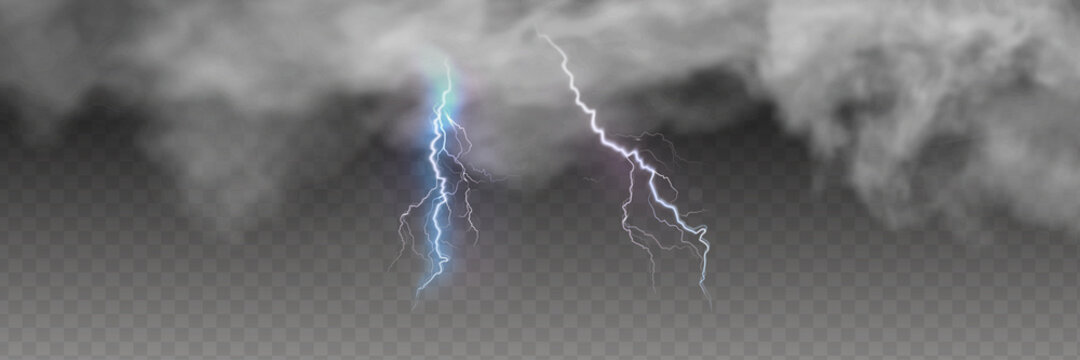 Vector Realistic Dark Stormy Sky With Clouds, Heavy Rain And Lightning Strikes.