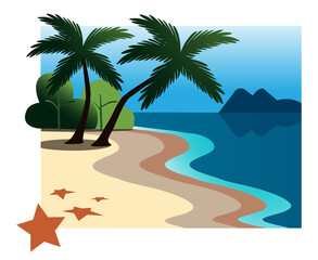 Fototapeta na wymiar Tropical coast landscape flat vector illustration. Exotic paradise island coastline scene background
