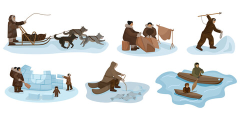 Set Eskimo isolated on white background. Different composition people, sledding, fishing, hunting, sewing, boating, igloo construction. - obrazy, fototapety, plakaty