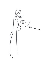 Minimal line art woman with hand on face. Black Lines Drawing. - Vector illustration