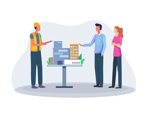 Architect and team discuss the project. Engineer team meeting with contractor for architectural project, Presenting house building city mock, Building industry concept. Vector in a flat style