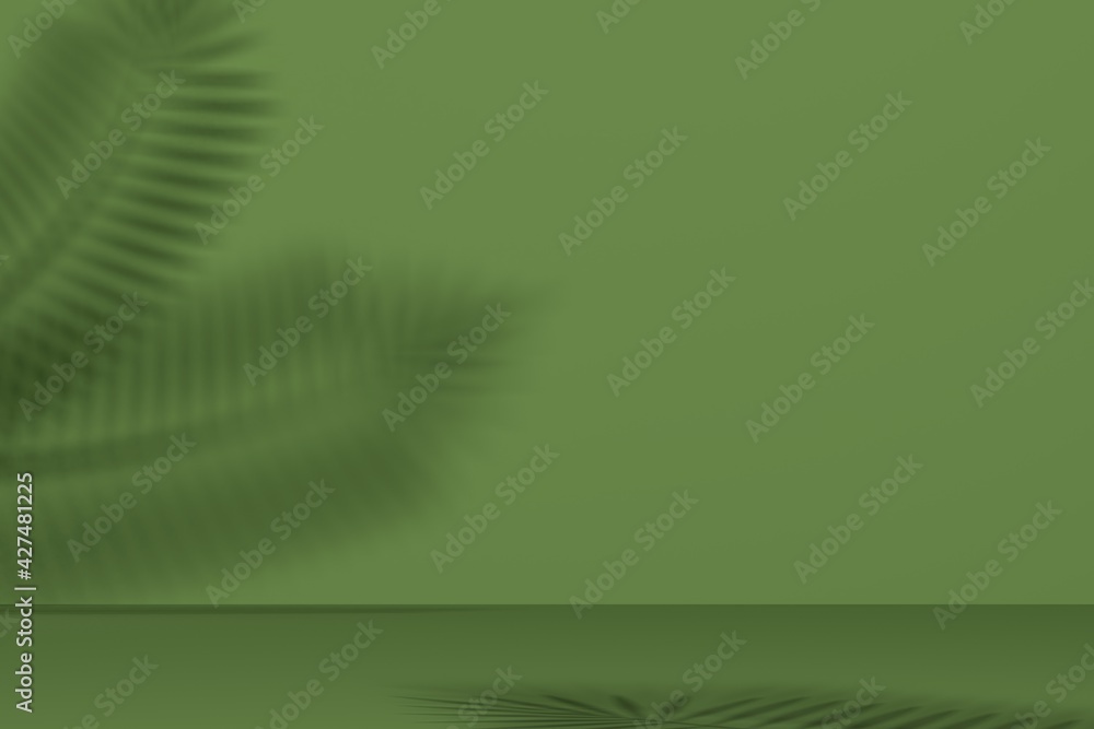 Poster green studio background with palm leaf shadow. minimalist backdrop design for product promotion. 3d 