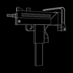 Submachine gun modern firearms pistol. Wireframe low poly mesh vector illustration.