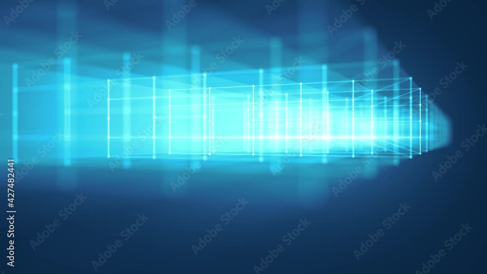 Poster Hi-Tech Structure With Glowing Strokes Slow Shift Loop/ 4k animation of an abstract minimal technology background with outlined cube logo zooming in