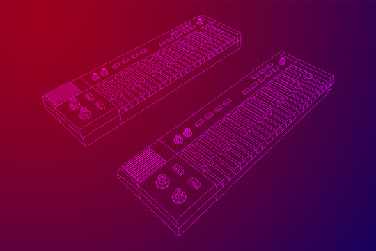 Piano roll analog synthesizer faders buttons knobs. Wireframe low poly mesh vector illustration.