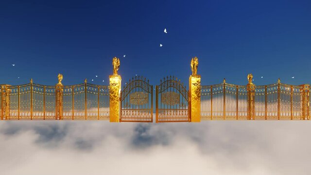 Golden Heaven Gates and bright doves flying above clouds, 4K