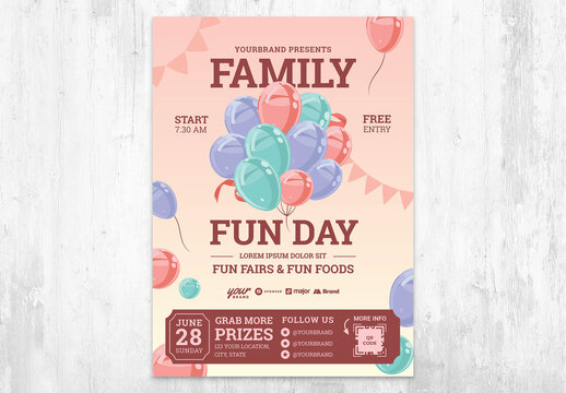 Family Fun Day Poster Flyer with Colorful Balloon and Pink theme Park