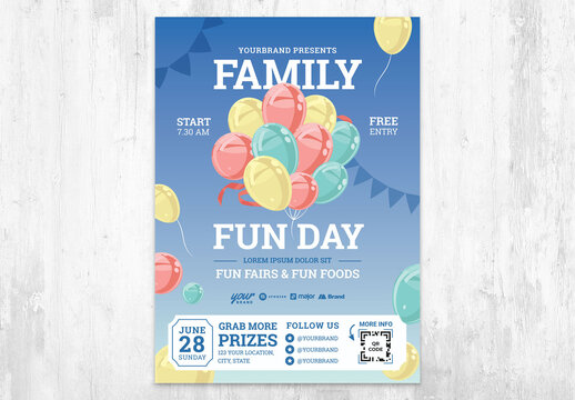Family Fun Day Birthday Flyer Poster Layout with Balloons and Fairground Illustration