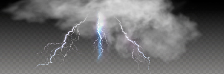 Fototapeta premium Vector realistic dark stormy sky with clouds, heavy rain and lightning strikes.