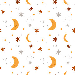 Obraz na płótnie Canvas Seamless pattern for girl or boy with moons and stars. Childish pattern with crescent moon. Print for newborn girl or boy. Nursery print for textile, fabric, clothing, apparel, wrapping paper