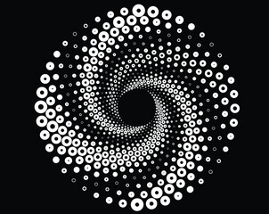  White halftone dots in vortex form. Geometric art. Trendy design element.Circular and radial lines volute, helix.Segmented circle with rotation.Radiating arc lines.Cochlear