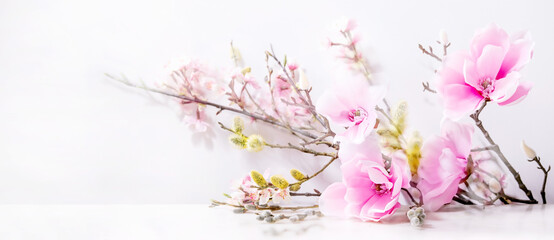 Fototapeta na wymiar Beautiful pink spring flowers composition over white