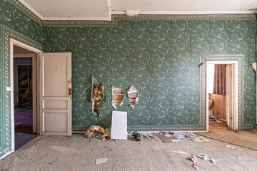 Abandoned castle, room with green retro wallpaper