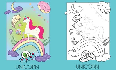 Cute Unicorn Cartoon Vactor and Coloring Page